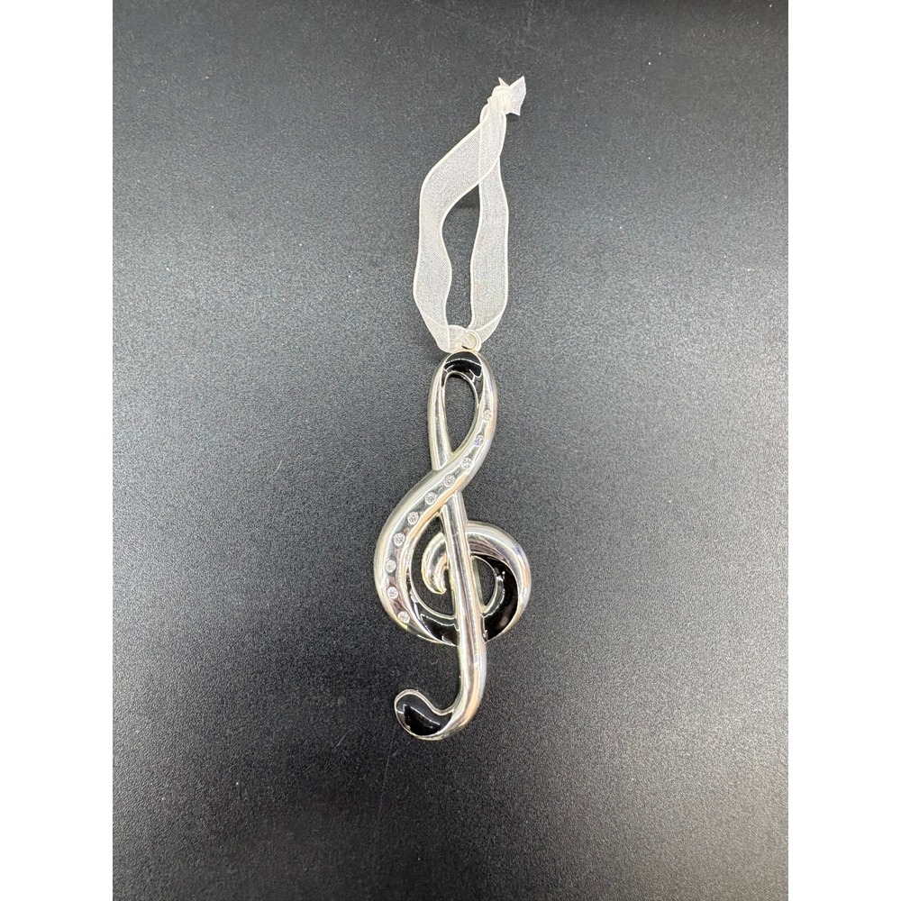 Harvey Lewis Treble Clef Musical Note Ornament Silver Tone Black Enamel Crystals